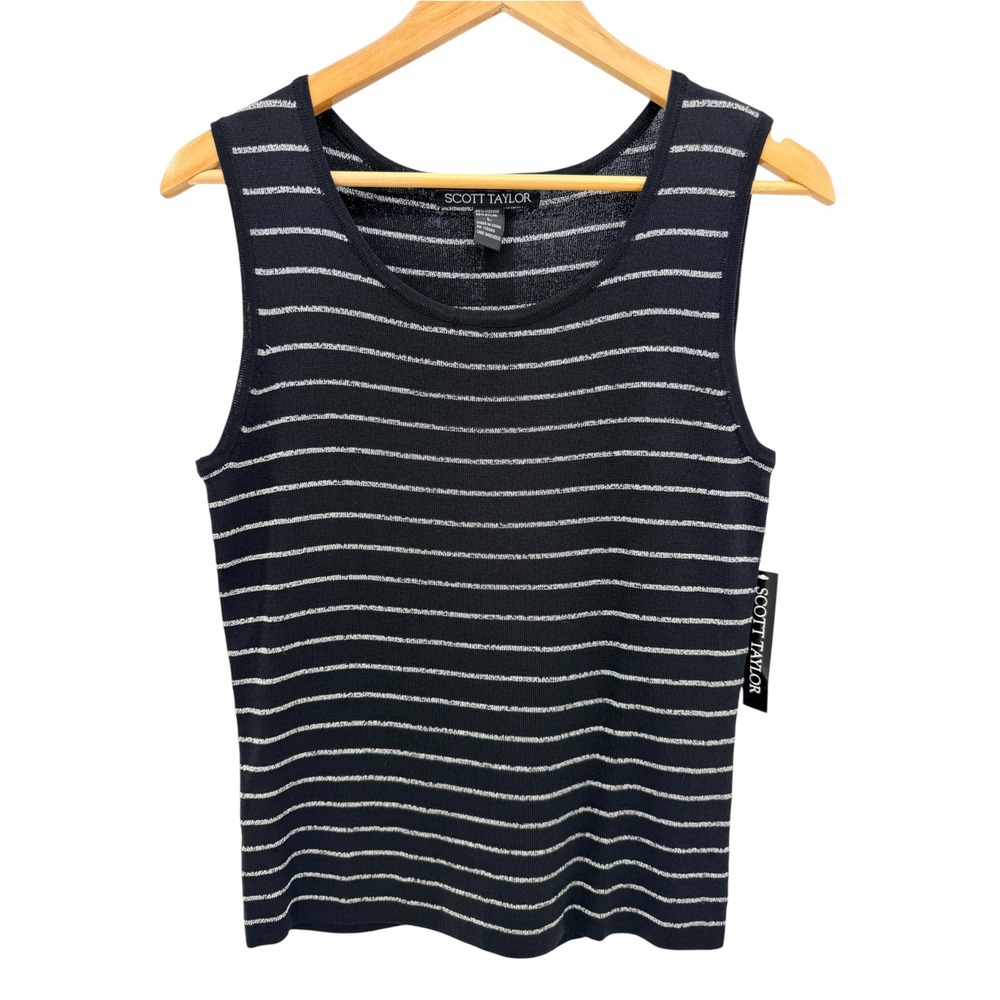 Scott Taylor Knit Tank Top L Black Gunmetal Metallic Lurex Striped 90s Grunge